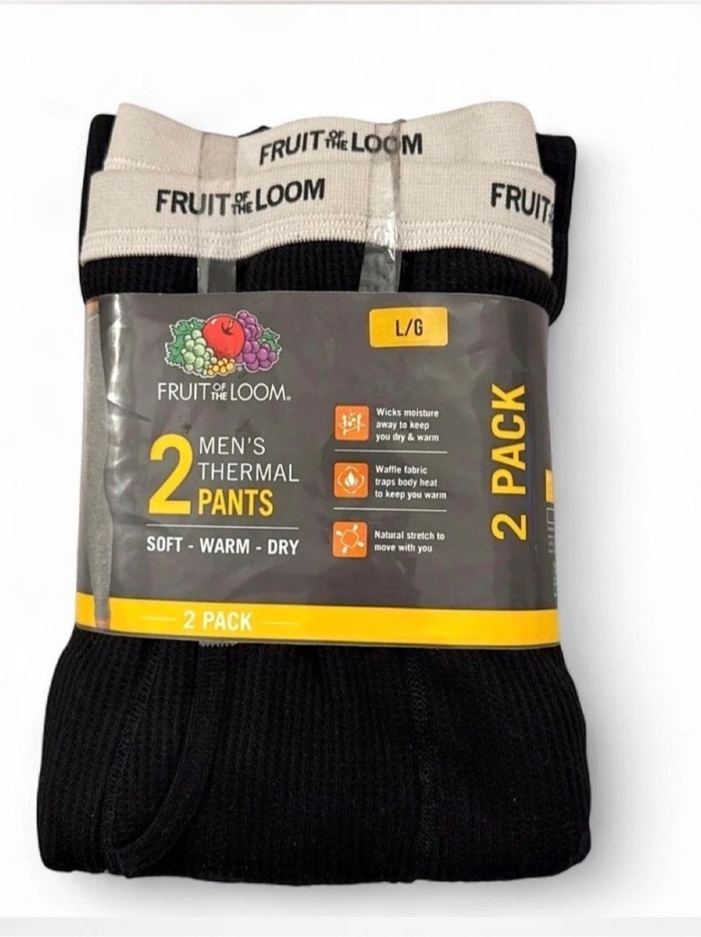 Fruit of the Loom Men's Thermal Pants 2 Pack Black Large NWT